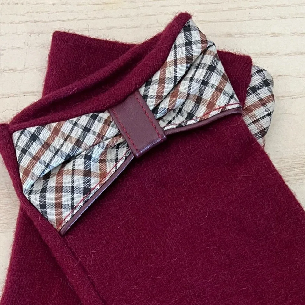 🖤 Burgundy Elegant Ladies Gloves With Plaid Bow Touch Screen Smart NWT